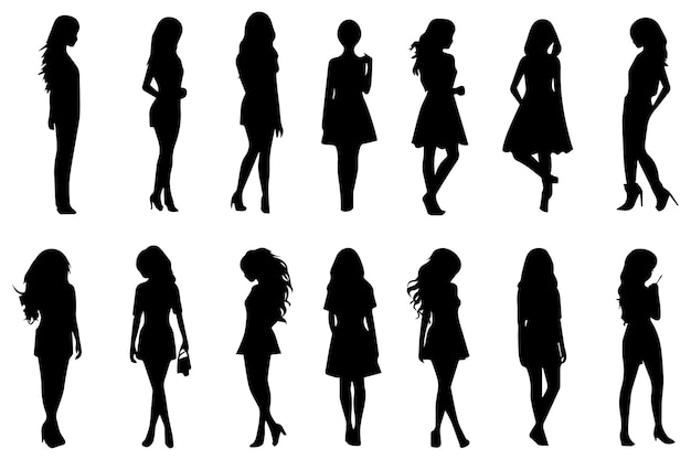 Establezca una hermosa silueta de chica de moda en un vector de fondo blanco