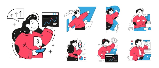 Establezca un hombre y una mujer de negocios exitosos que analicen el equilibrio financiero de ganancias, aumento de carrera, ilustración plana de vector de día de trabajo libre de estrés. Colección personas oficina trabajo rutina uso portátil y teléfono inteligente