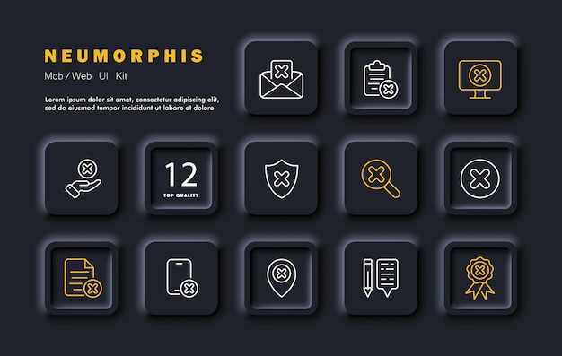 Establezca el icono de línea cruzada Monitor de correo Lupa de búsqueda Lápiz cancelar archivo de lista de mano de teléfono inteligente Estilo de Neomorfismo Icono de línea vectorial para negocios y publicidad