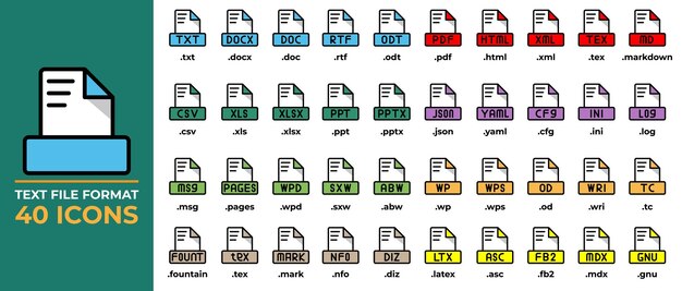 Establezca los íconos del formato de archivo en estilo plano txt ppt pdf doc csv ilustración vectorial del ícono del formato de archivo