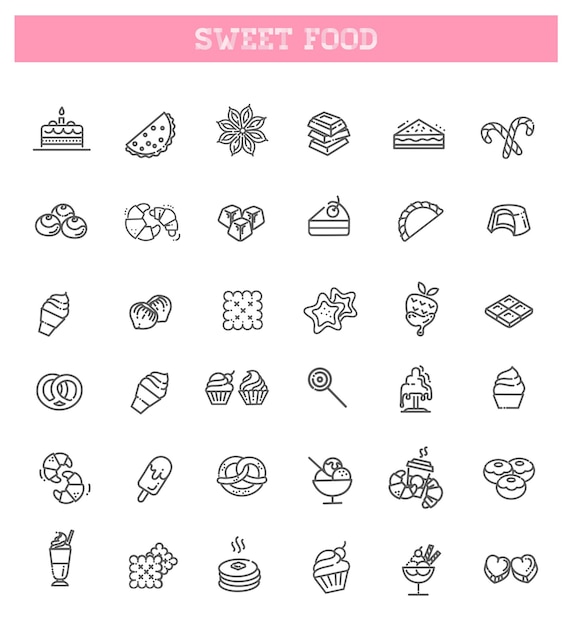 Establezca iconos de línea vectorial en diseño plano de postre de chocolate y dulces