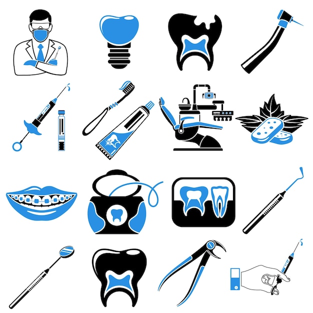 Establezca los iconos de Servicios Dentales y Estomatología en plano Silla de dentista del médico aparatos ortopédicos de rayos X implante de jeringa