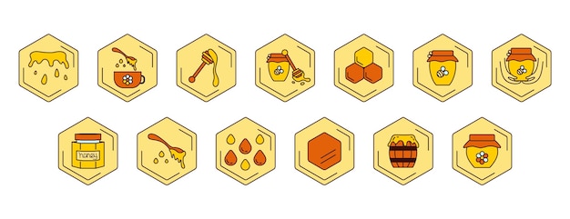Establezca iconos vectoriales con opciones de miel y productos para el uso de gotas líquidas viscosas de jarro de miel de abeja de miel