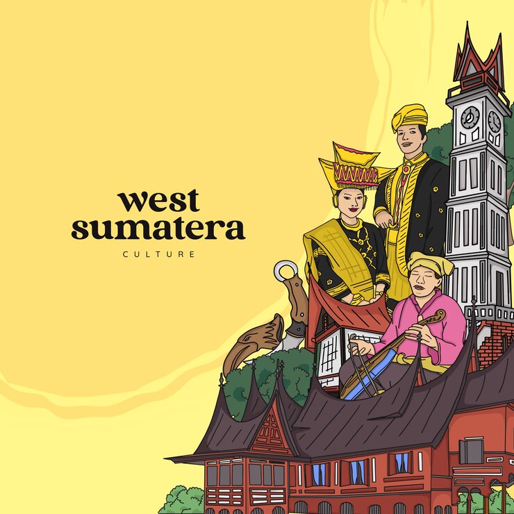 Vector establezca la ilustración minangnese de sumatra occidental. fondo de culturas indonesias dibujado a mano.