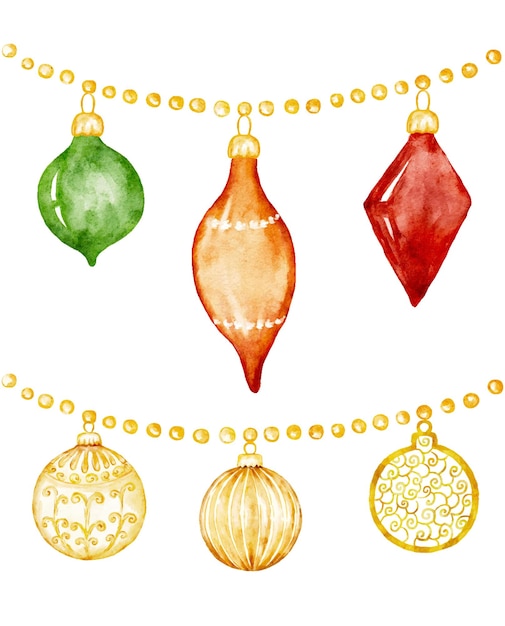 Establezca ilustraciones en acuarela guirnalda con bolas vector dibujado a mano cortado de fondo blanco