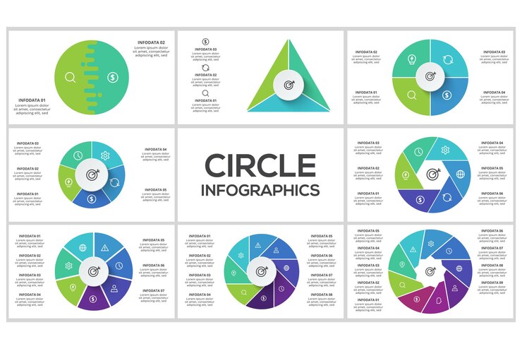 Vector establezca infografías de círculo con 2 3 4 5 6 7 8 9 pasos partes o procesos visualización de datos de negocios