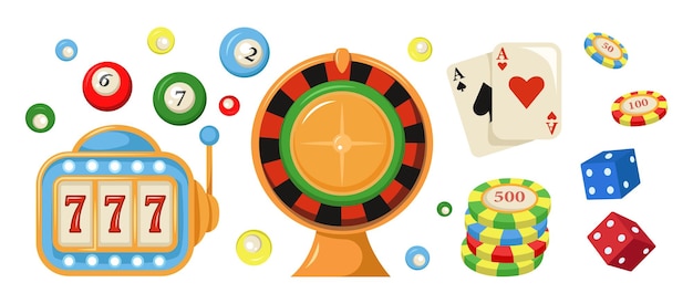 Establezca juegos de azar coloridos al estilo de dibujos animados Ilustración vectorial de máquinas tragamonedas fichas cartas de dados ruleta sobre fondo blanco