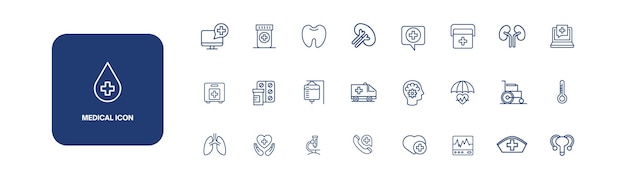 Vector establezca línea vectorial íconos médicos síntomas y símbolos en diseño plano medicina y salud con elementos
