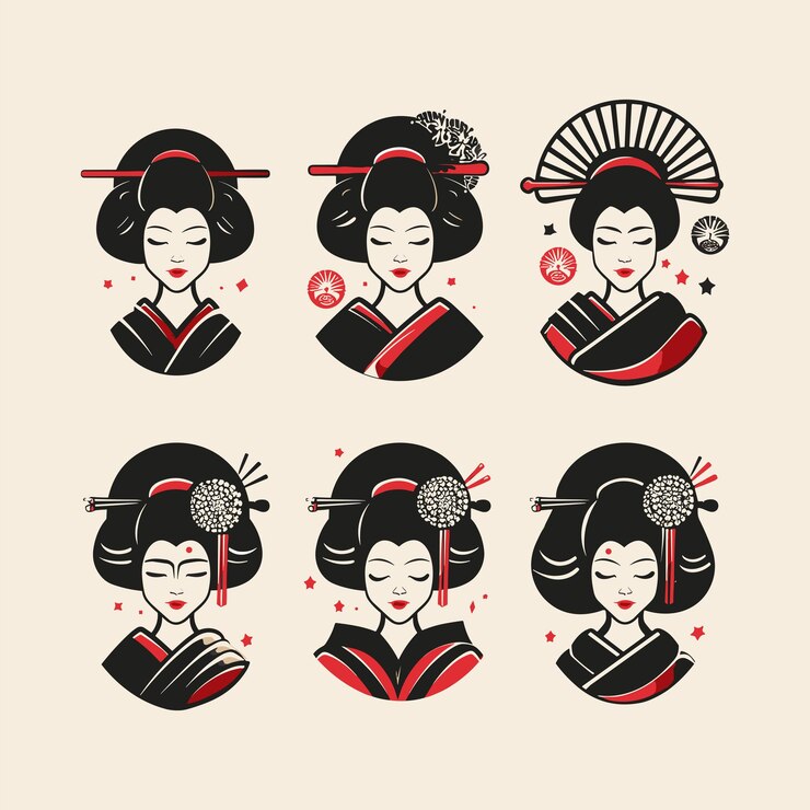 Establezca el logotipo de geisha el estilo de ilustración del icono vectorial lindo