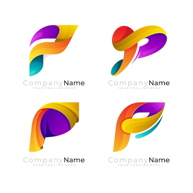 Establezca el logotipo P y la combinación de diseño colorido 3d letra P
