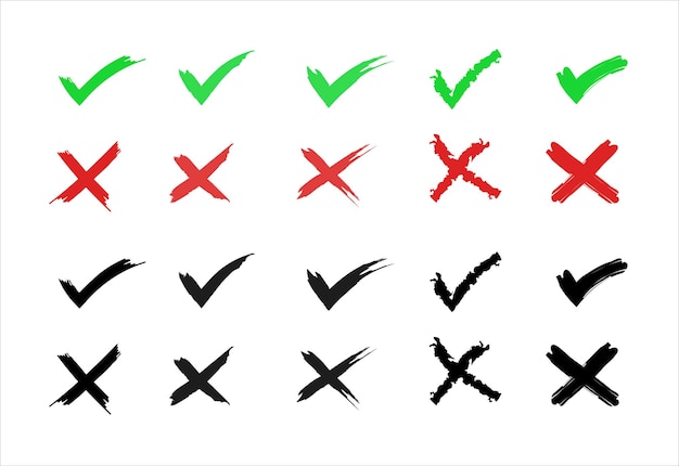 Establezca marcas de comprobación dibujadas a mano, marcas de pincel y cruces con textura de lienzo Conjunto de iconos vectoriales