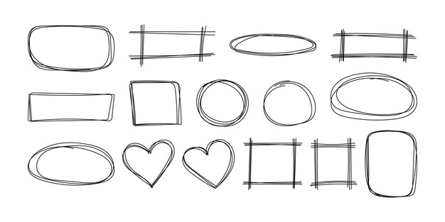 Establezca marcos lindos lineales negros dibujados a mano para texto o foto. Elementos decorativos de líneas de garabatos.