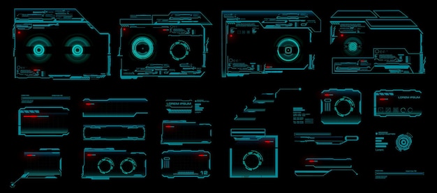 Establezca marcos de neón holográficos Monitor holográfico de diseño conceptual con descripción y datos HUD para PC personal Marcos holográficos y llamadas de diálogo para videojuegos UI GUI HUD