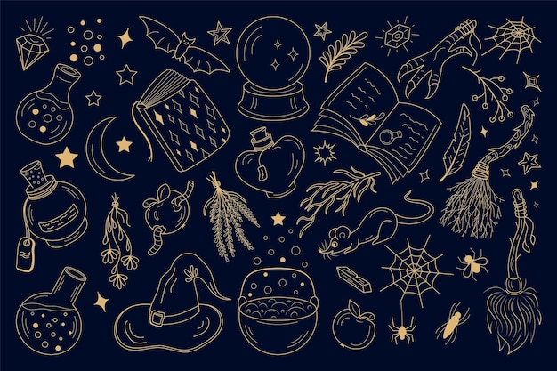 Establezca objetos mágicos garabatear objetos brujas Halloween esotérico ilustración de oro vectorial en azul oscuro