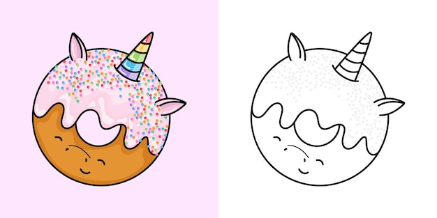 Establezca la página para colorear clipart donut y la ilustración en color. clip art comida kawaii.