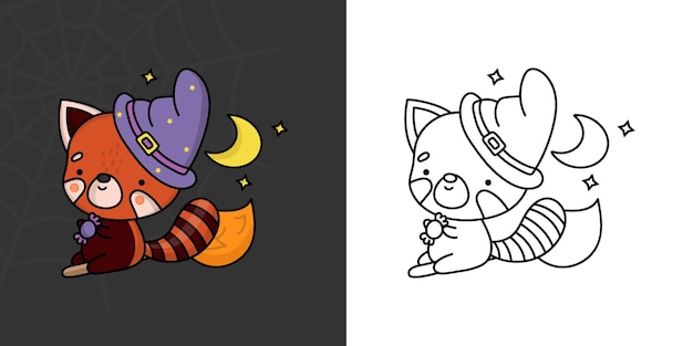 Establezca la página para colorear Panda rojo de Halloween y la ilustración en color. Clip Art Kawaii Halloween Animal