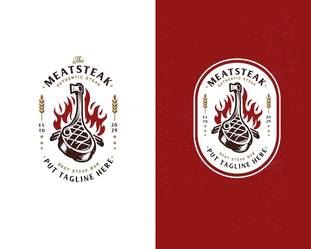 Establezca una parrilla de bistec de cerdo vintage, una parrillas de cerdo caliente, una plantilla de logotipo para negocios de comida gourmet.