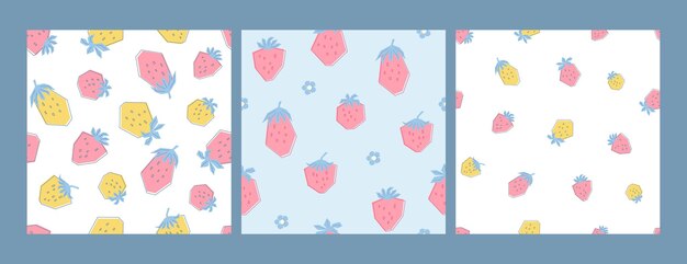 Establezca patrones con fresas amarillas y rosas frescas en colores pastel. Fondo con bayas de verano. Ilustración en estilo plano para ropa infantil, textiles, papel pintado. Vector