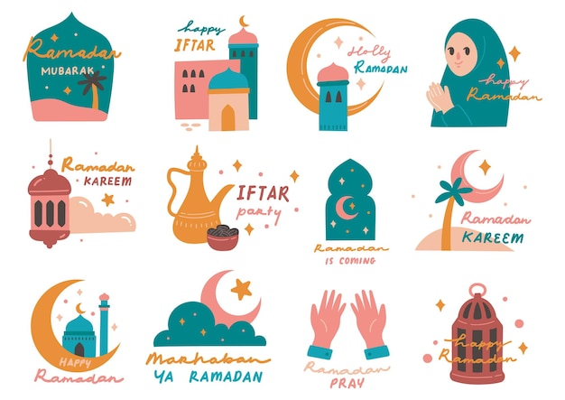 Vector establezca una pegatina de ramadán en estilo plano, ilustración de garabatos, elementos de diseño de tarjetas de felicitación de eid al fitr.