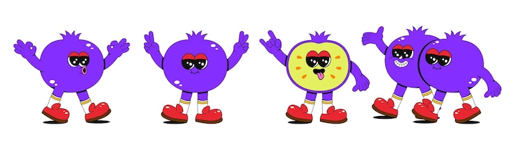 Vector establezca personajes de frutas retro groovy dibujados a mano de mascotas cómicas de arándanos