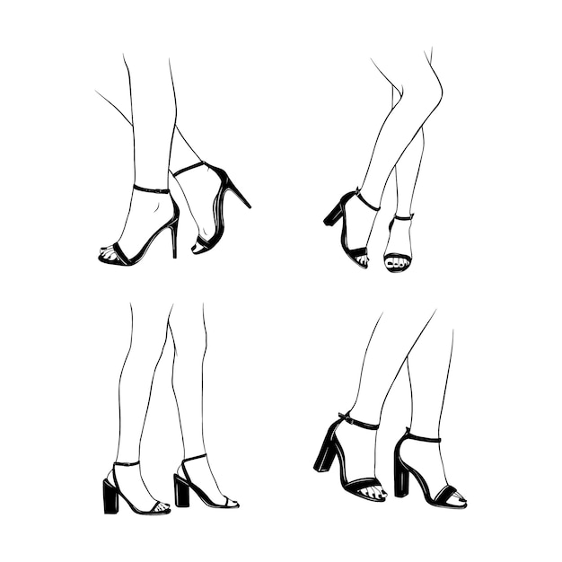 Establezca las piernas femeninas con sandalias de tacón alto dibujo a mano dibujo vectorial ilustración de línea