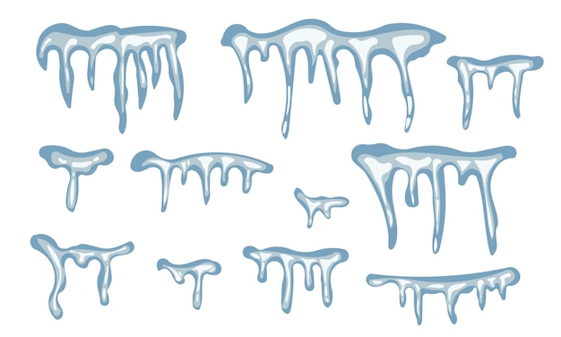 Establezca una placa de hielo, un pedazo de agua congelada, un iceberg y helados al estilo de dibujos animados aislados sobre un fondo blanco, una colección de elementos del paisaje polar, un activo del juego, una decoración de invierno.