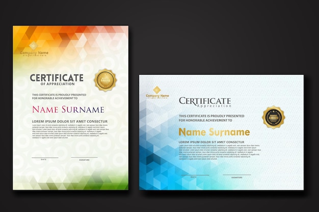 Establezca una plantilla de certificado moderna con un adorno de forma de polígono colorido de gradación