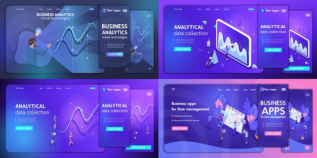 Vector establezca plantillas de diseño de sitios web y móviles para negocios, analíticos. conceptos de ilustración de vectores de centro para sitios web y dispositivos móviles, adaptativos.