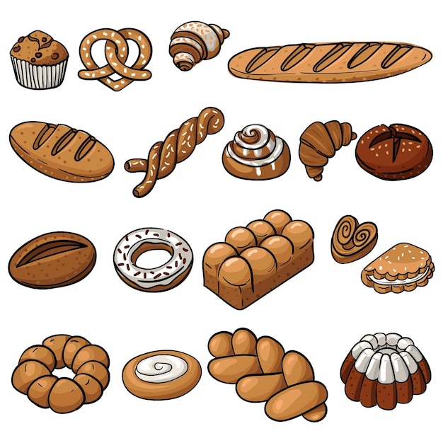 Establezca productos de panadería coloridos con ilustraciones naturales con un contorno de galletas de muffins