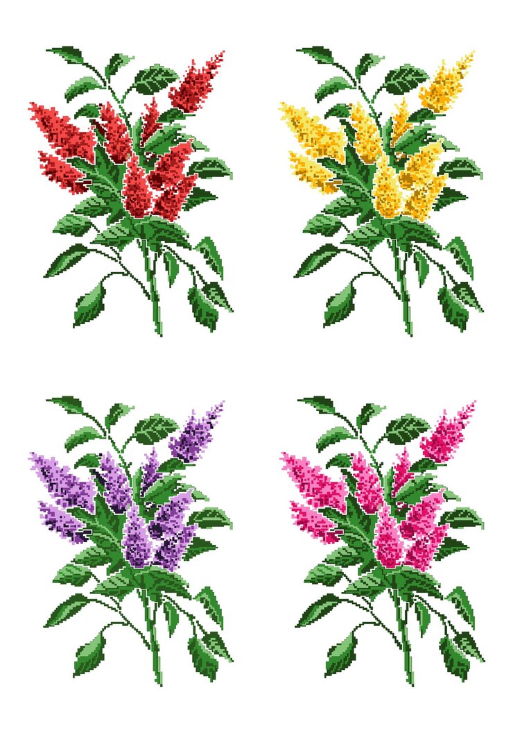 Vector establezca un ramo de flores de color vector rosa de lilas usando el bordado tradicional ucraniano