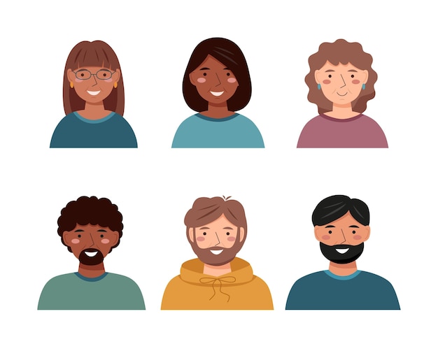 Vector establezca retratos de personas de diferentes nacionalidades en el estilo plano colección de avatares de hombres y mujeres