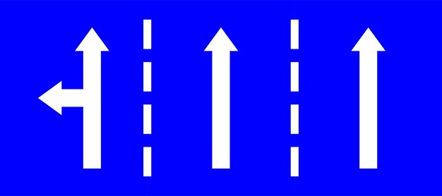 Establezca una señal de tráfico azul de autopista tres líneas de carretera dos direcciones rectas o girar a la izquierda primed flecha