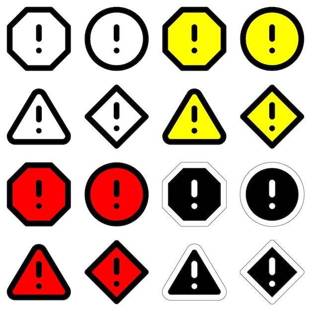 Vector establezca el signo de exclamación, el contorno, las formas, los peligros, la advertencia, el signo de advertencia, el icono, el sitio web plano, el móvil.