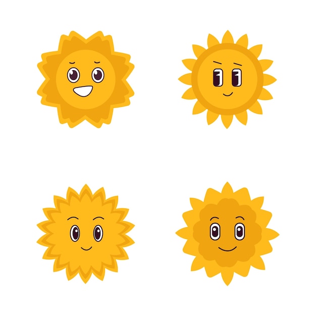 Establezca el sol amarillo feliz con la cara aislado groovy vector simpático símbolos de mascota de cómics diseño gráfico