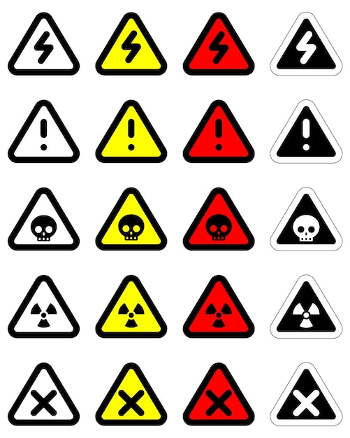 Vector establezca un triángulo de atención de diferentes colores, un signo de advertencia, una alerta eléctrica, un radioactivo, un símbolo de cruce de tráfico.