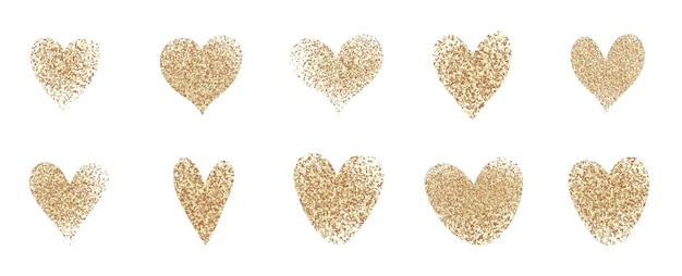 Establezca varios abstractos dibujos a mano de brillo dorado y corazones de textura grunge para el día de San Valentín