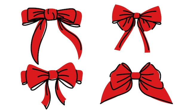 Establezca varios arcos, corbatas, arcos de regalo, ilustraciones vectoriales dibujadas a mano, elementos de diseño coloridos individuales