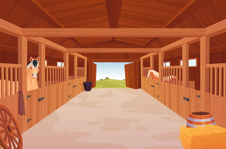 Vector establo de caballos granero de dibujos animados dentro de un cobertizo interior con recintos de madera para caballos de carreras de raza pura o ganado rancho de granja interior ingeniosa ilustración vectorial del granero interior del edificio