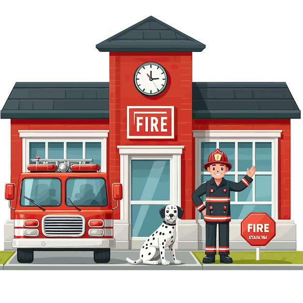 una estación de bomberos con un bombero y un camión de bomberos