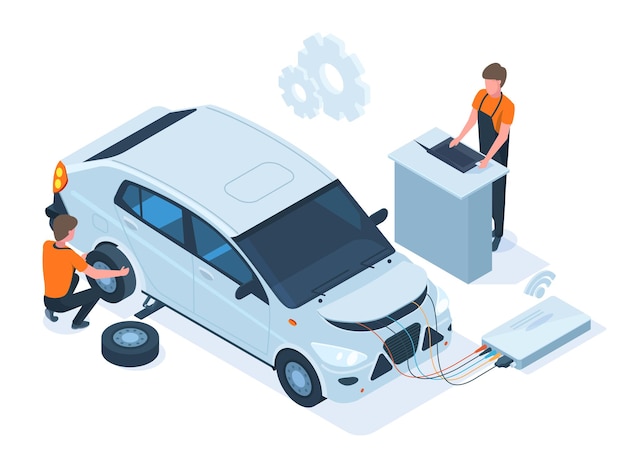 Vector estación de diagnóstico, reparación y mantenimiento de automóviles isométrica. servicio de reparación de automóviles, diagnóstico de motor mecánico, solución de problemas conjunto de ilustraciones vectoriales. servicio de reparación de automóviles, mantenimiento de automóviles.