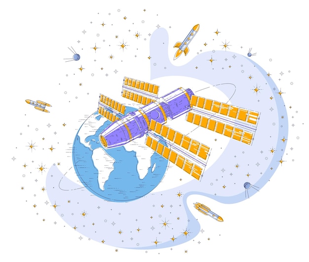 Estación espacial en órbita alrededor de la tierra, vuelo espacial, nave espacial iss con paneles solares, satélite artificial, con cohetes, estrellas y otros elementos. ilustración de vector 3d de línea delgada.