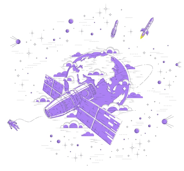 Estación espacial en órbita alrededor de la tierra, vuelo espacial, nave espacial iss con paneles solares, satélite artificial, con cohetes, estrellas y otros elementos. Ilustración de vector 3d de línea delgada.