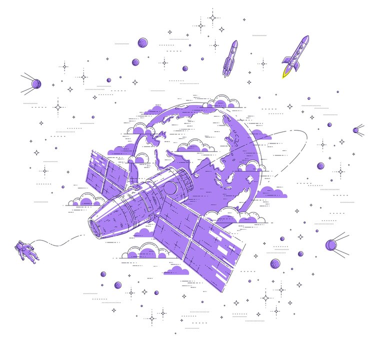 Vector estación espacial en órbita alrededor de la tierra, vuelo espacial, nave espacial iss con paneles solares, satélite artificial, con cohetes, estrellas y otros elementos. ilustración de vector 3d de línea delgada.