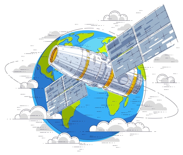 Estación espacial orbitando alrededor de la tierra, vuelo espacial, nave espacial iss nave espacial con paneles solares, satélite artificial. Ilustración de vector 3d de línea delgada.