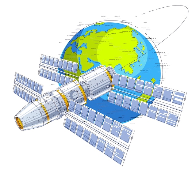 Estación espacial orbitando alrededor de la tierra, vuelo espacial, nave espacial iss nave espacial con paneles solares, satélite artificial. Ilustración de vector 3d de línea delgada.