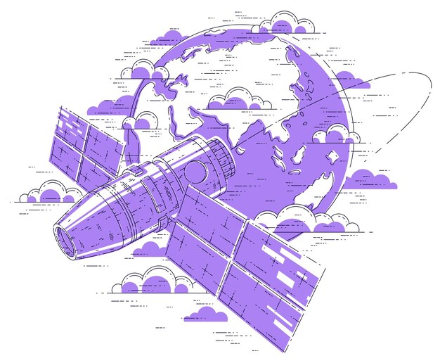 Estación espacial orbitando alrededor de la tierra, vuelo espacial, nave espacial iss nave espacial con paneles solares, satélite artificial. Ilustración de vector 3d de línea delgada.