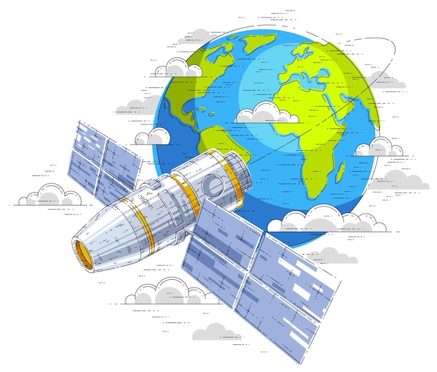 Estación espacial orbitando alrededor de la tierra, vuelo espacial, nave espacial iss nave espacial con paneles solares, satélite artificial. Ilustración de vector 3d de línea delgada.