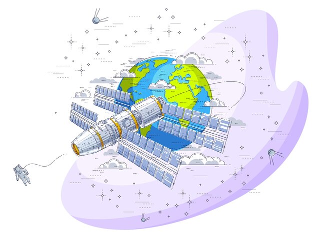 Estación espacial que vuela en vuelo espacial orbital alrededor de la tierra, nave espacial iss con paneles solares, satélite artificial, rodeada de estrellas y otros elementos. Ilustración de vector 3d de línea delgada.