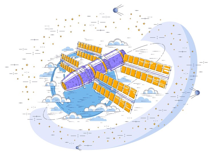 Vector estación espacial que vuela en vuelo espacial orbital alrededor de la tierra, nave espacial iss con paneles solares, satélite artificial, rodeada de estrellas y otros elementos. ilustración de vector 3d de línea delgada.