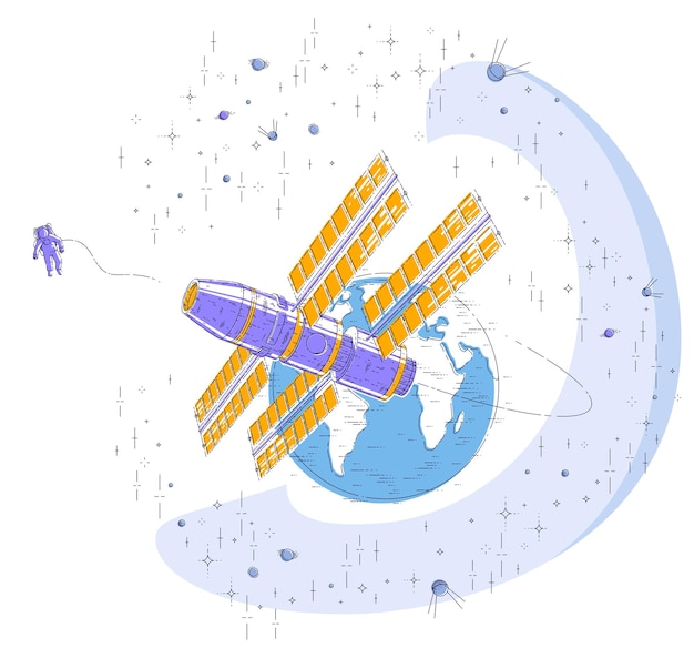 Vector estación espacial que vuela en vuelo orbital alrededor de la tierra, nave espacial con paneles solares, satélite artificial, rodeado de estrellas y otros elementos. ilustración de vector 3d de línea delgada.